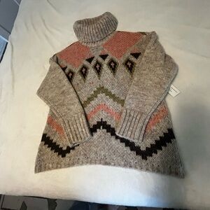 NWT Tribal Jeans Beige and Pink Patterned Turtleneck Sweater